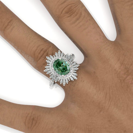 14K White Gold 2 Carat Green Moissanite Oval Halo Engagement Ring