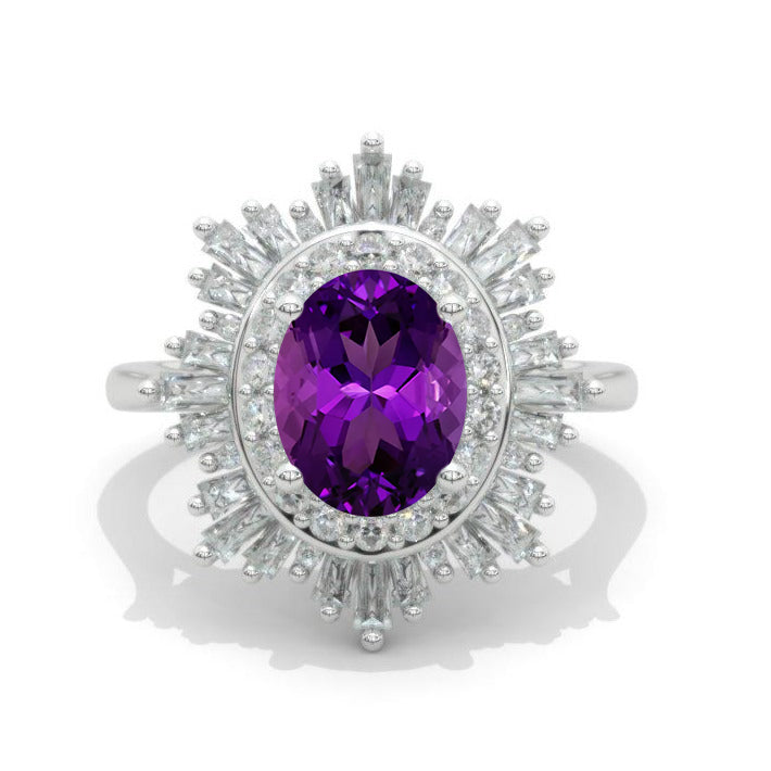 14K White Gold 2 Carat Oval Halo Natural Amethyst Engagement Ring