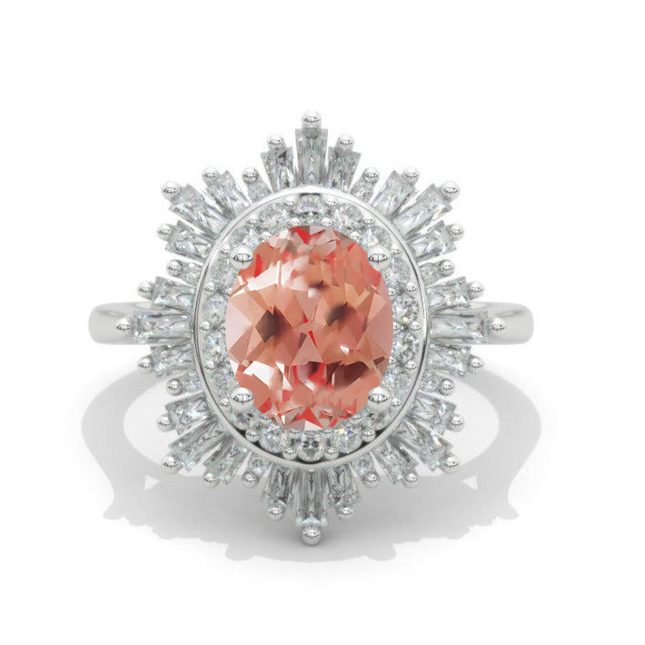 14K White Gold 2 Carat Peach Sapphire Oval Halo Engagement Ring