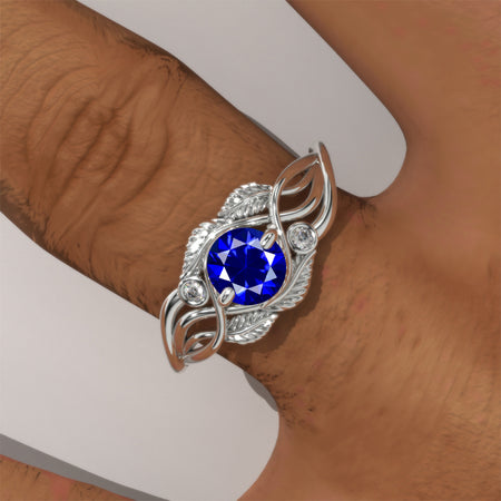 Royal Blue Sapphire White Gold Engagement Lattice Floral Accented Ring Model 154-5