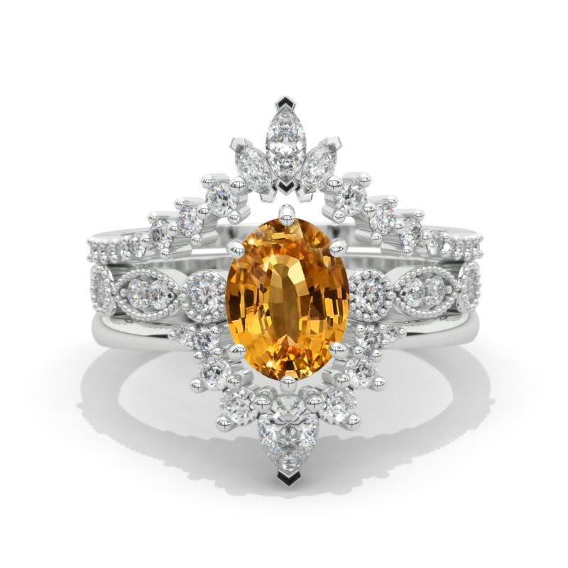 14K White Gold Oval Genuine Yellow Citrine Halo Engagement Ring  with Two Eternity Rings Set Model 150
