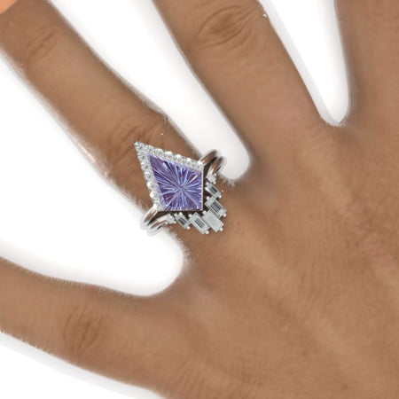 2.5 Carat Kite Fireworks Cut Alexandrite Halo Engagement Ring Set. 2.5CT Fancy Kite Shape Bezel Alexandrite Ring Set