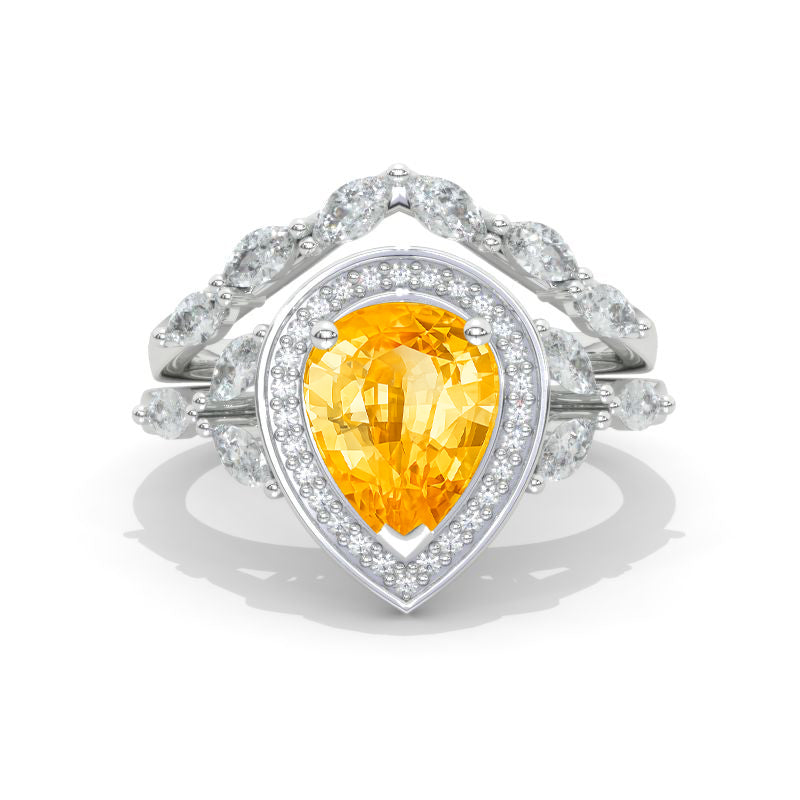 14K White Gold 1.5 Carat Pear Genuine Yellow Citrine Halo Twisted Engagement Ring Eternity Ring Set Model 547 - Handmade engagement ring