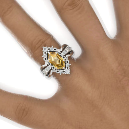 3 Carat Hexagon Genuine Yellow Citrine Cluster Halo 14K White Gold Engagement Ring Set Model 931-12x6