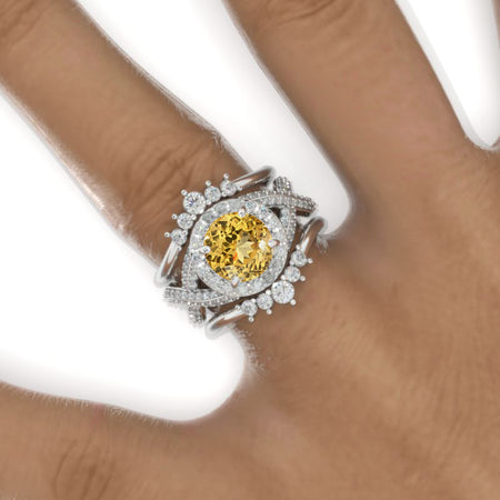 2 Carat Round Genuine Yellow Citrine Halo 14K White Gold Twisted Shank Engagement Ring Set Model 958