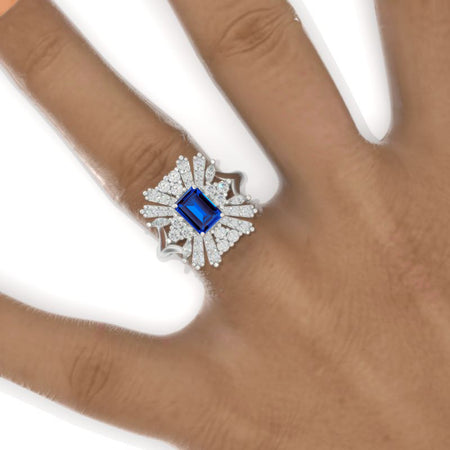 3 CTW Royal Blue Sapphire Cluster Halo Engagement Ring Vintage Anniversary Gold Ring Model 1133