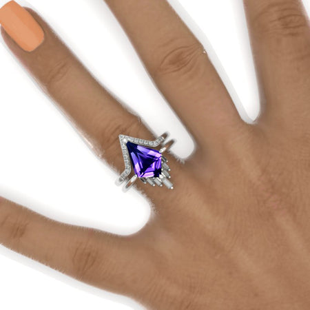 4 Carat Kite Natural Amethyst Halo 14K White Gold Engagement Ring, Eternity Ring Set