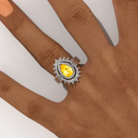 1.5 Carat Pear Halo Yellow Sapphire Engagement 14K White Gold  Ring Eternity Ring Set Model 151-8x5