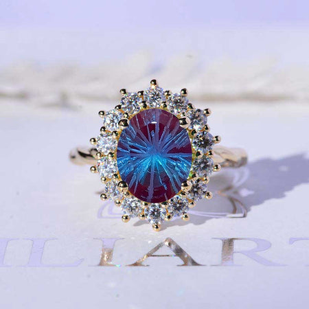 3 CT Oval Halo Fireworks Cut Alexandrite Vintage Wedding Ring. 14K Solid Gold Engagement Ring Anniversary Ring, Baguette Double Halo Ring
