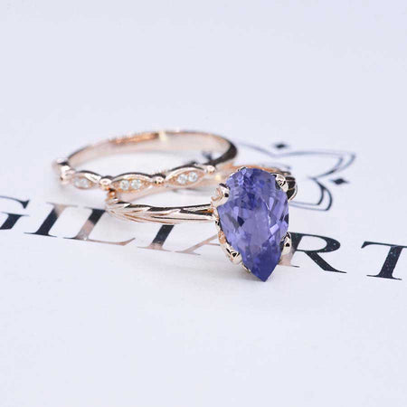 3 Carat Pear Shaped Purple Sapphire Engagement Eternity Rose Gold Ring Set