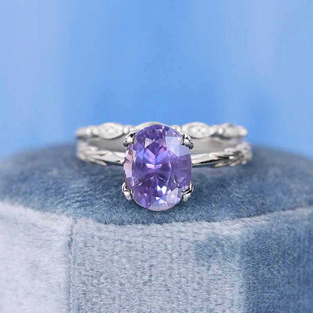 2 Carat Oval Purple Sapphire Engagement Eternity Gold Rings Set