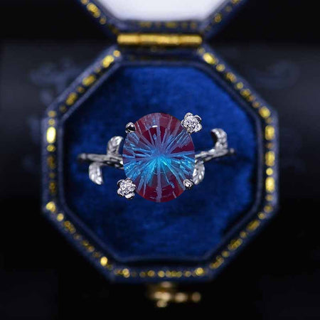 White Gold Dainty Fireworks Cut Alexandrite Leaf Ring, 3 Carat Oval Fireworks Cut Alexandrite Twig Ring
