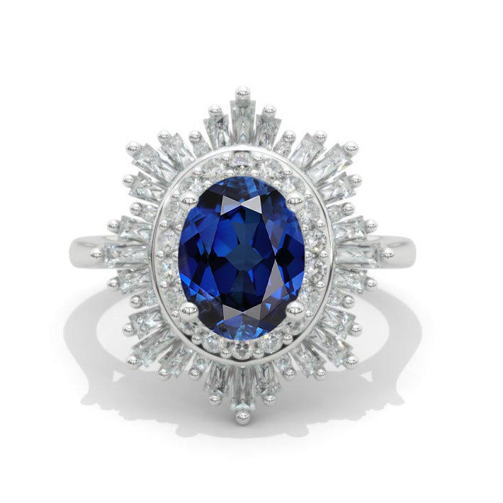 14K White Gold 2 Carat Royal Blue Sapphire Oval Halo Engagement Ring