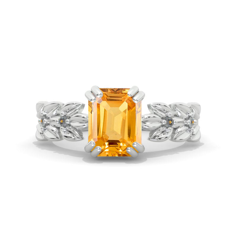 3 Emerald Cut Genuine Yellow Citrine White Gold Floral Engagement Ring Model 850