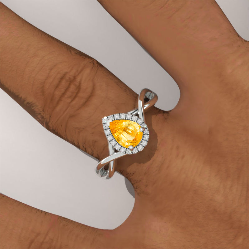 14K White Gold 0.8 Carat Pear Genuine Yellow Citrine Halo Engagement Ring Model 156