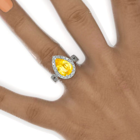 3 Carat Pear Cut Yellow Sapphire Hidden Halo Engagement Twisted Shank Ring Model 1175-12x8