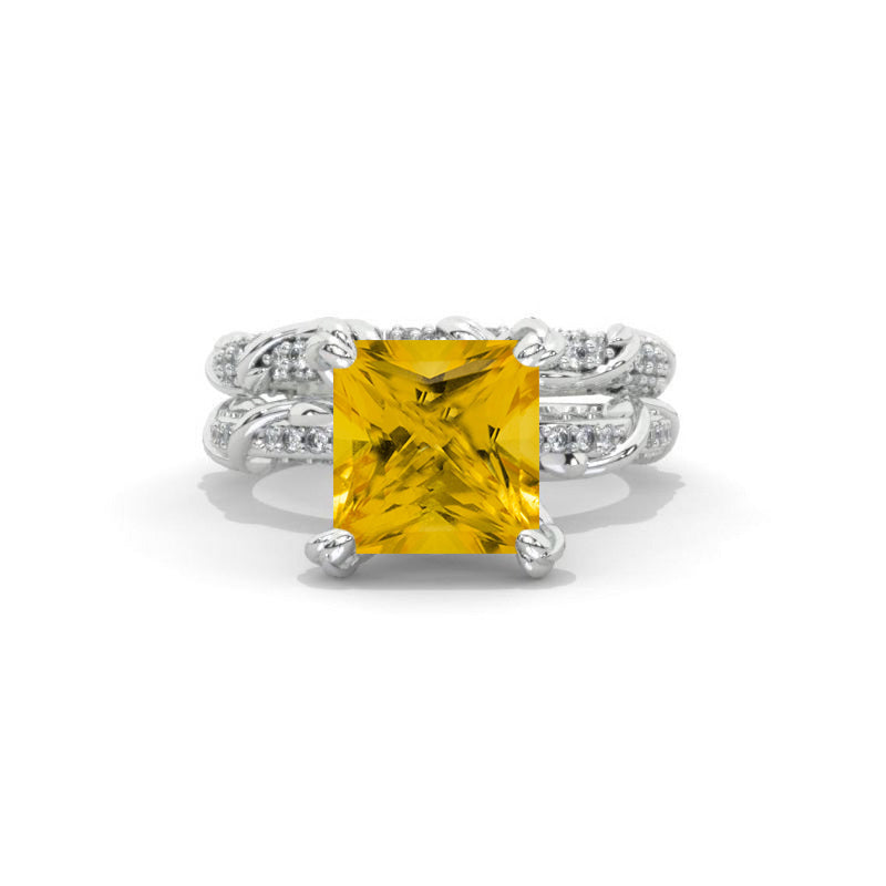 3Ct Genuine Yellow Citrine Engagement Ring Set, Solitaire Princess Cut Genuine Yellow Citrine Engagement Ring, Floral Eternity Ring Set Model 115-8x8 115E