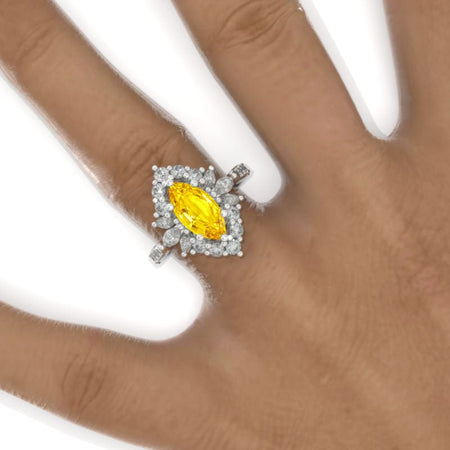 2 Carat Marquise 14K Solid Gold Ring  Marquise Yellow Sapphire Halo Vintage Wedding Ring. Engagement Ring Anniversary Ring, Baguette Side Stones Ring Model 809