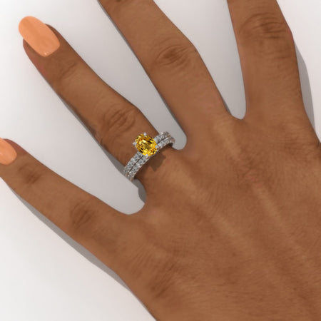 14K White Gold  2 Carat Oval Yellow Sapphire Engagement Ring Eternity Ring Set Model 705