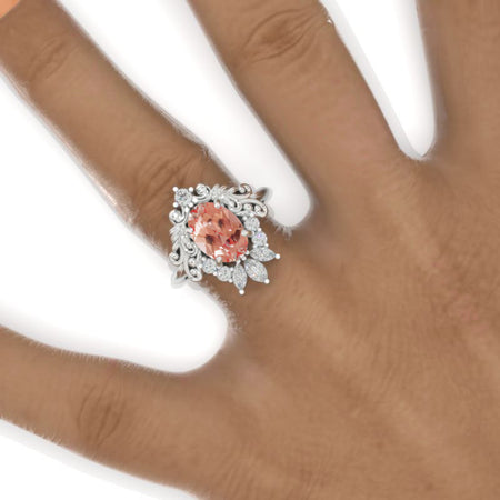 3 Carat Oval Peach Sapphire Halo Ornamental Engagement Ring Model 977-10x7