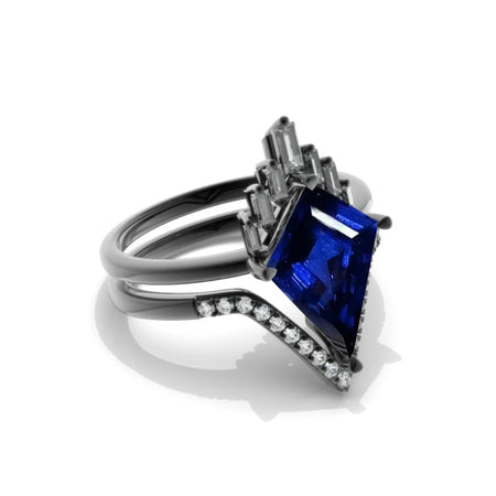 14K Black Gold 4 Carat Kite Royal Blue Sapphire Halo Engagement Ring, Eternity Ring Set Model 416-14x10