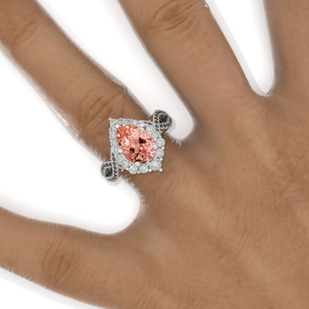 3 Carat Pear Peach Sapphire Black Twisted 14K White Gold Engagement Eternity Ring