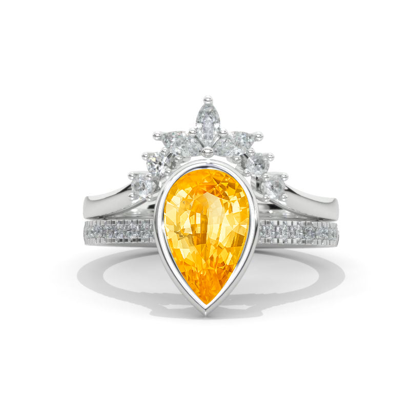 3 Carat Pear Genuine Yellow Citrine Halo V Shaped Engagement Ring Eternity Ring Set Model 855-11x7mm