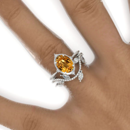 3 Carat Oval  Genuine Yellow Citrine 14K White Gold Engagement Ring, Eternity Ring Set Model 906
