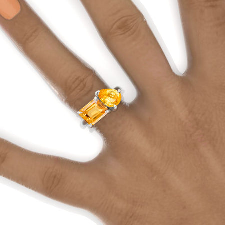 3 Carat Emerald Cut with Pear Cut Paired GenuineYellow Citrine Two-Stone East-West Engagement Ring Model 760-9x7mm