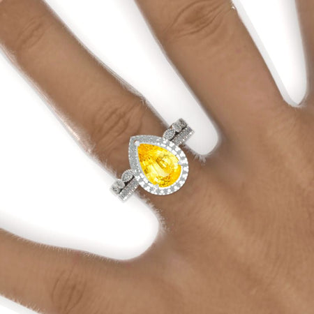 3 Carat Halo Pear Cut Yellow Sapphire 14K Solid White Gold Ring Set Model 783-11x7