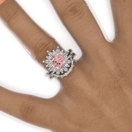 14K White Gold 2  Carat Round Peach Sapphire Halo Engagement Ring Eternity Ring Set