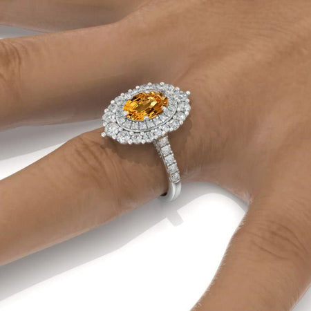 1 Ct Genuine Yellow Citrine Double Halo Engagement Ring, Vintage Oval Shape Cut Genuine Yellow Citrine Engagement Ring, Side Accents Stones 14K White Gold Model 466
