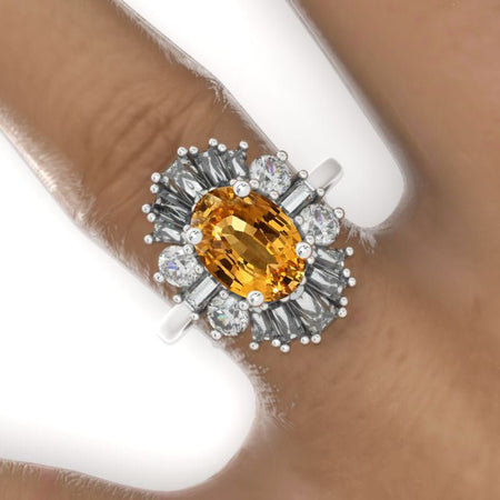 14K White Gold 3 Carat Oval Genuine Yellow Citrine Halo Engagement Ring Model 770-10x7