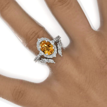 3 Carat Oval Genuine Yellow Citrine Halo Engagement Ring Eternity Ring Set Model 980-10x7
