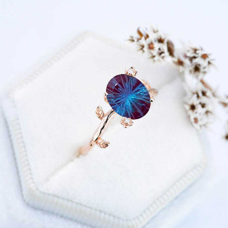 14K Rose Gold Dainty Fireworks Cut Alexandrite Leaf Ring