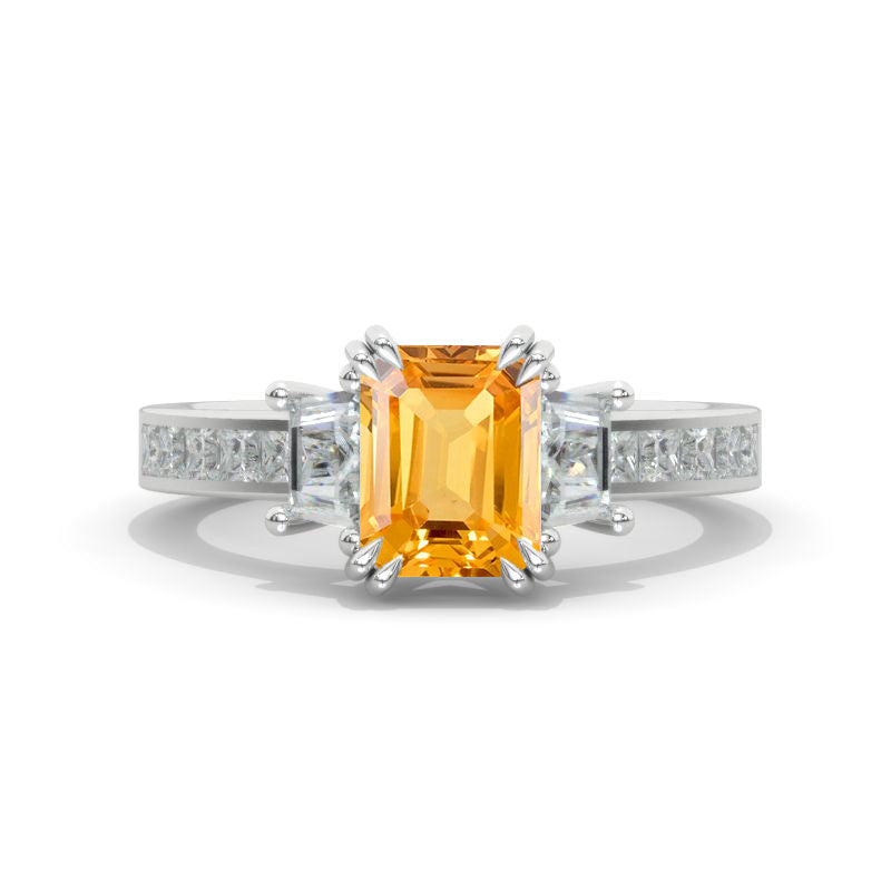 2 Carat Emerald Cut Genuine Yellow Citrine  White Gold Engagement Ring Model 858-8x6