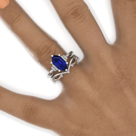 3 Carat Hexagon Royal Blue Sapphire Halo 14K White Gold  Engagement Ring, Eternity Ring Set