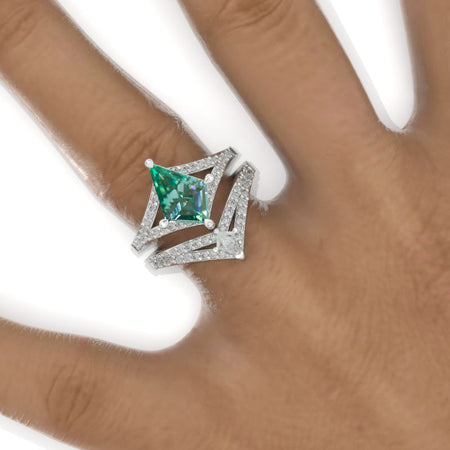 3 Carat Kite Green Moissanite Halo 14K White Gold Engagement Ring, V Eternity Ring Set