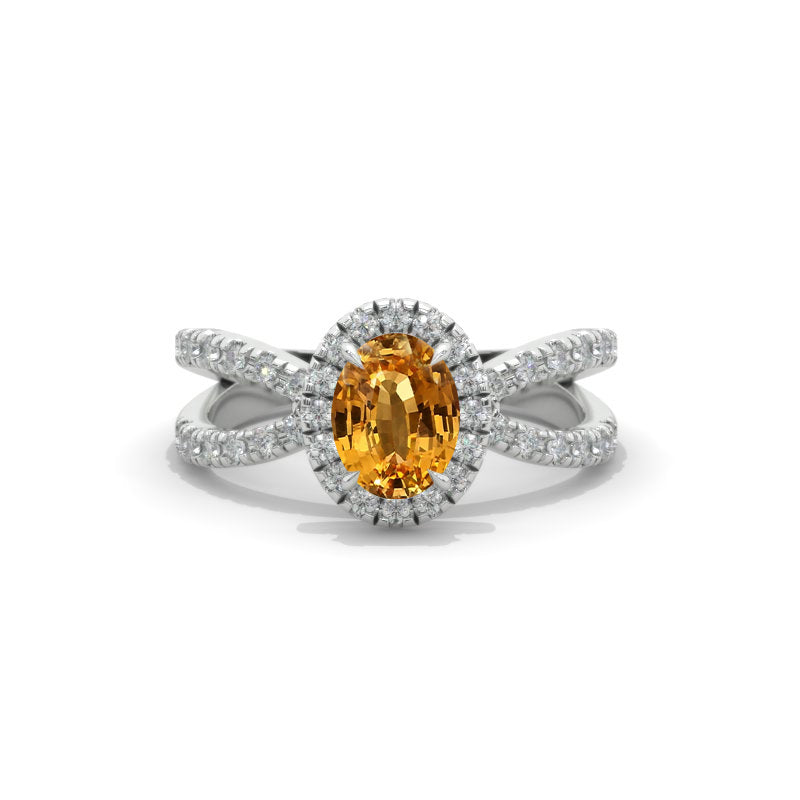 14K  White Gold 1.5 Carat  Genuine Yellow Citrine Halo French-Set Engagement Ring