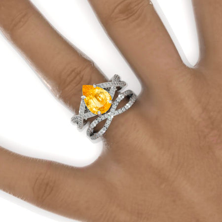 3 Carat Pear GenuineYellow Citrine  Halo Twisted Engagement Ring 14K White Gold Ring Set Model 965-11x7mm