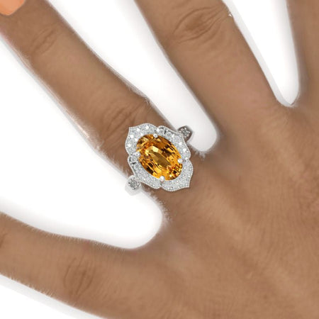 4 Carat Oval Genuine Yellow Citrine Halo Engagement Ring, Promise Ring For Her, Genuine Yellow Citrine Wedding Ring, 14K Gold Oval Genuine Yellow Citrine Engagement Ring Model 900