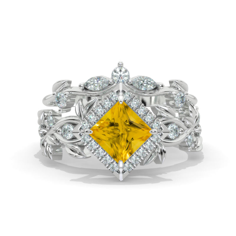 1 Carat Princess Cut Halo Genuine Yellow Citrine Floral Twig Ornamental Engagement 14K White Gold  Ring Eternity Ring Set Model 1152-6x6