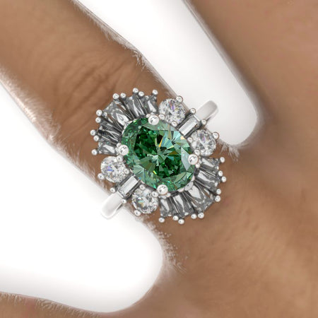 14K White Gold 3 Carat Oval Green Moissanite Halo Engagement Ring Model 770-10x7