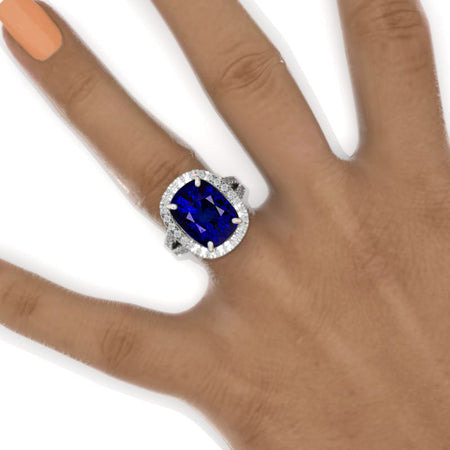 10 Carat Cushion Royal Blue Sapphire Halo 14K White Gold  Engagement Ring