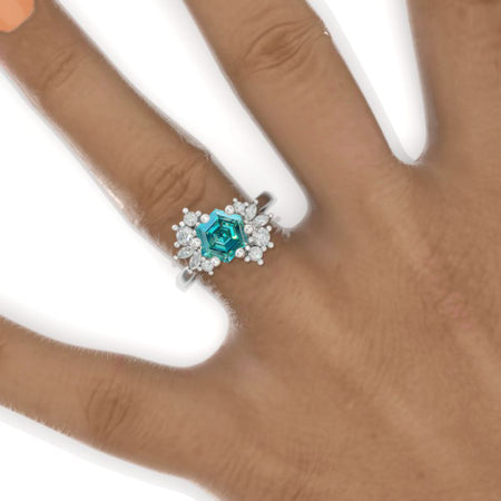 3 Carat Hexagon Green Moissanite  Cluster 14K White Gold Engagement Ring Model 865-8x7