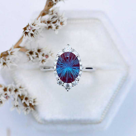 14K White Gold 3 Carat Oval Fireworks Cut Alexandrite Halo Engagement Ring