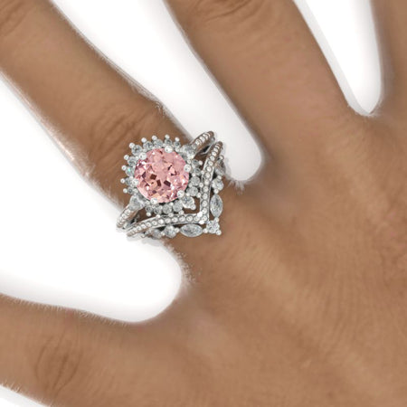 14K White Gold 2 Carat Round Peach Sapphire Six Pronds Halo Engagement Ring V- Band Eternity Ring Set Model-842