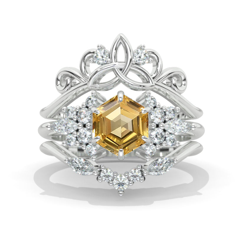3 Carat Hexagon Celtic Set Genuine Yellow Citrine Cluster Halo 14K White Gold Engagement Ring Set Model 1157-8x7