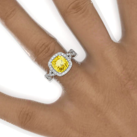 3 Carat Cushion Cut Vintage Style Halo Yellow Sapphire White Gold Engagement Ring Model 916-8x8