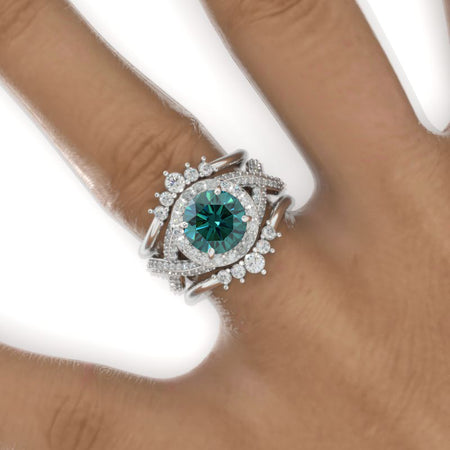 2 Carat Round Green Moissanite Halo 14K White Gold Twisted Shank Engagement Ring Set Model 958